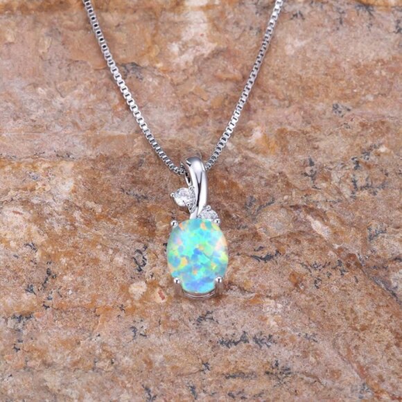 NEW 14k White Gold Blue Fire Opal Necklace Opal Pendant Necklace - Picture 6 of 6